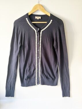 Loft Navy Cardigan Sweater with Contrast White Trim Classic Preppy Sweater